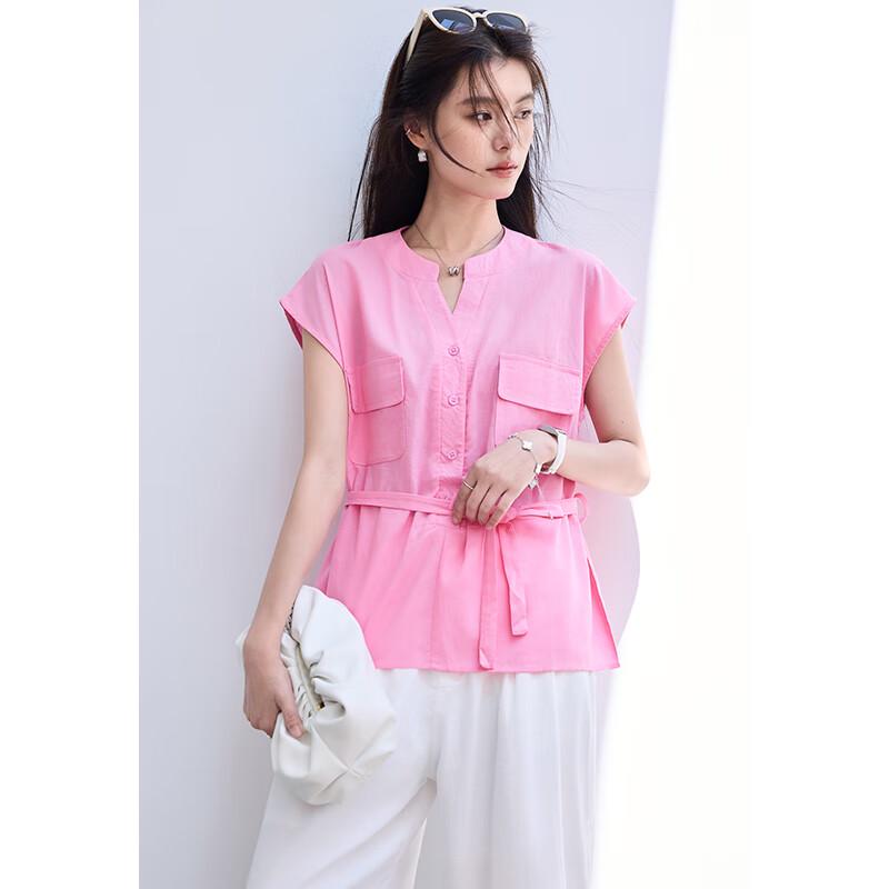 VICTORIA&VERA Women's Summer V-Neck Sleeveless Blouse with Adjustable Tie