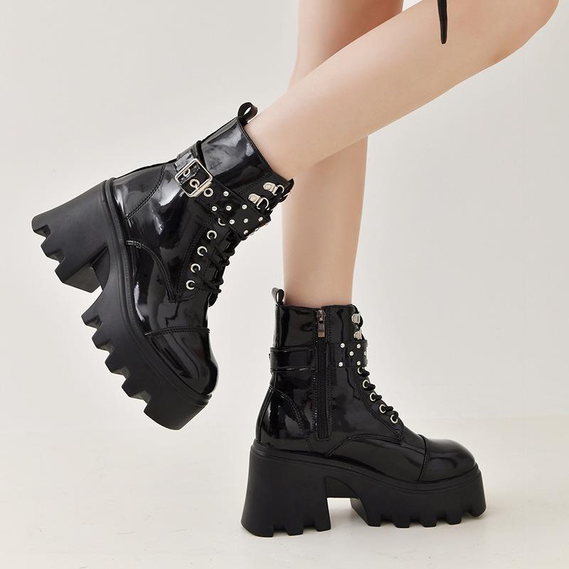 Autumn and Winter Patent Leather Thick-soled Large-size Muffin Bottom Lace-up Buckle Short Boots Martin Boots Women