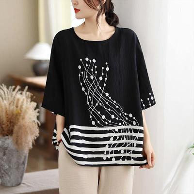 Tricou casual larg din bumbac vintage, cu mânecă scurtă, topuri Femei tricou de vară