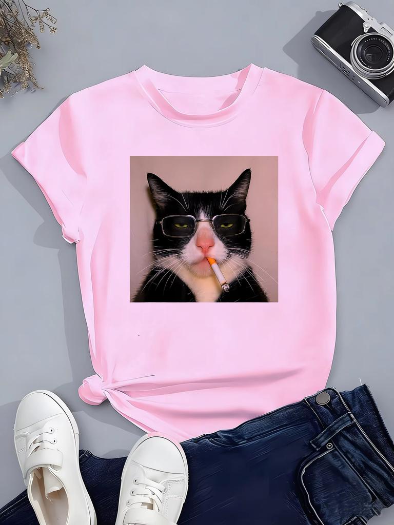 Fashion Retro Vintage Smoking Cat Design Print T Shirts pure cotton Unisex WomenTshirt Casual 2026 Summer Spring Casual Top Tee