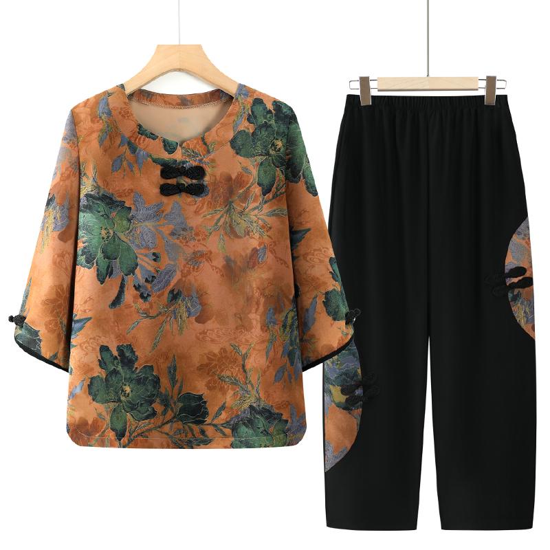 

Women s Summer T-Shirt Set for Middle-Aged and Elderly: Two-Piece Short Sleeve Outfit for 70-80-Year-Olds 5XL (145-160 Jin)