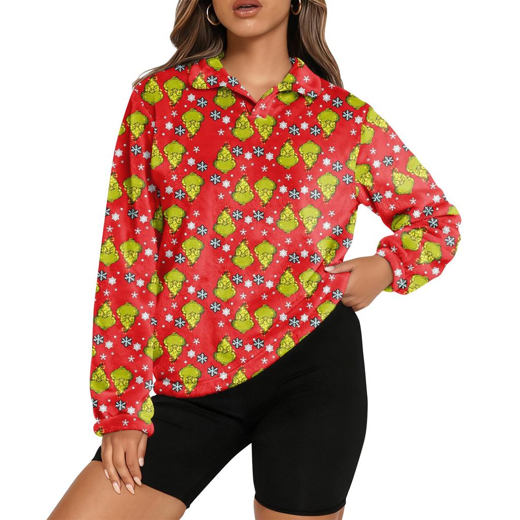 Women's Stand Collar Pullover Long Sleeve Top Christmas Print Sports Top