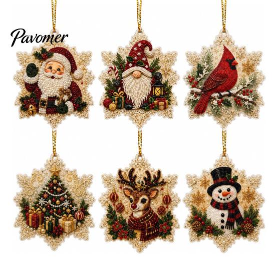 Acrylic Santa Hanging Ornaments 6 Pcs Christmas Pearl Art Ornaments, 2D Flat Holiday Tree Pendant, Effect Decoration for Home Wall Door Window
