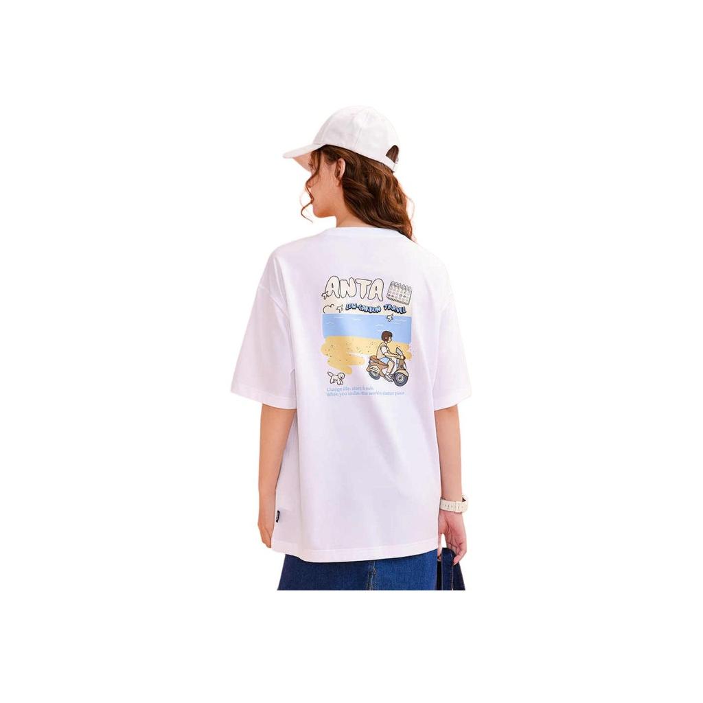 Anta Printed Letter Round Neck Loose Short Sleeve T-Shirt Unisex Tops White 962328122-1