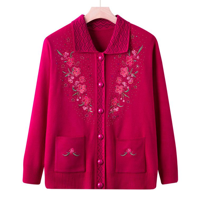 Middle-aged and Elderly Women's New Style Mother's Spring and Autumn Sweater Jacket Old Lady Sweater Cardigan Top Loose Large Size