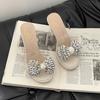 Crystal Heel Versatile Bow Rhinestone Slippers Women's Summer Fashion Outer Wear Skirt Thick Heel High Heel Sandals