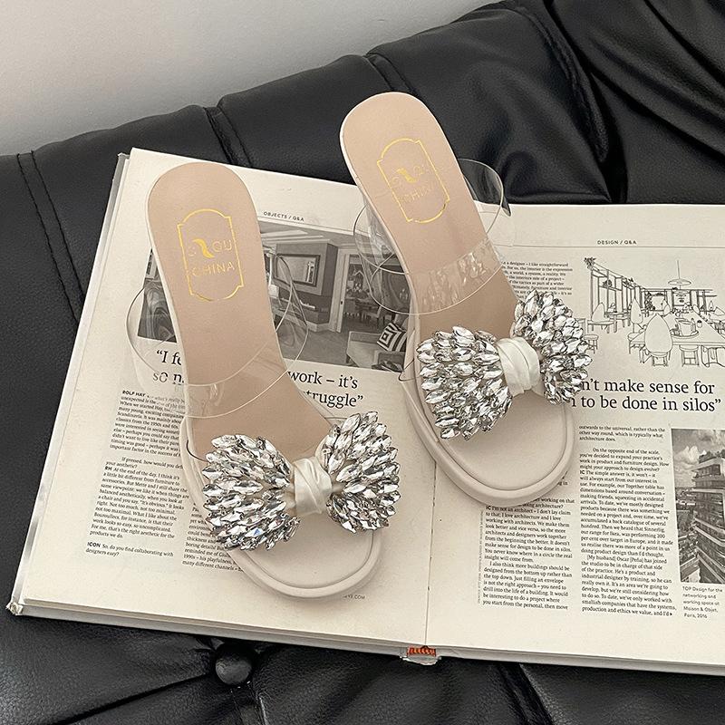 Crystal heel versatile bow rhinestone slippers women's summer fashion outer wear skirt thick heel high heel sandals