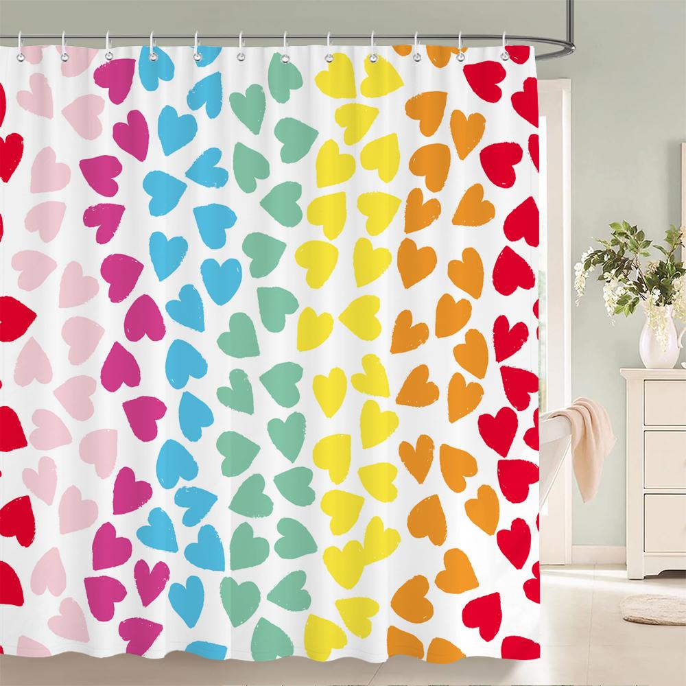 1Pcs Colorful Love Pattern Fabric Waterproof Shower Curtain, Home Decoration Romantic Heart Shape Bathroom Curtain, With Hooks