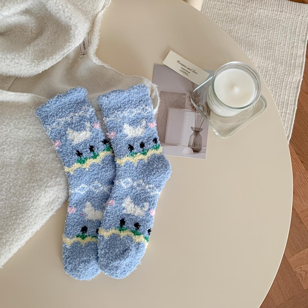 

Socks Women S Autumn And Winter Do Not Shed Hair Coral Fleece Fair Island Half Fleece Women S Socks Home Warmth Thickened Sleep Socks One size небесно-голубой