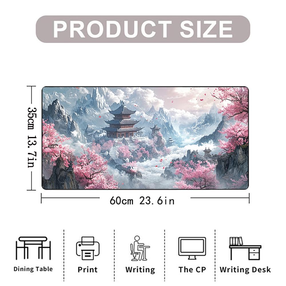Sakura Mountain Pagoda Printed Desk Pad Extra Large Soft Rubber Mouse Pad Serene Aesthetic Gaming Keyboard Mat Multi-Size