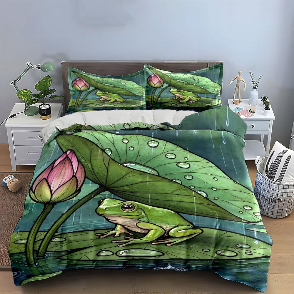 "Frog Lily Pond Art Set" Bedding Set with 1 Duvet Cover 2 Pillowcases Single Double King Queen, Gift