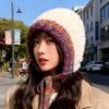 New Women'S Beige Gradient Color Knit Fur Hat Winter Warm Fashion Earflap Beanie With Lace-Up String For Ladies Sweet Casual