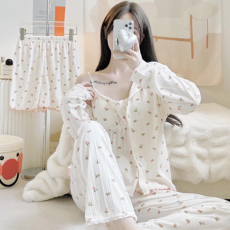 Women's Four-Piece Pajama Set: Cotton Suspenders, Long Sleeve Top, Trousers & Shorts for Spring & Autumn Relaxation