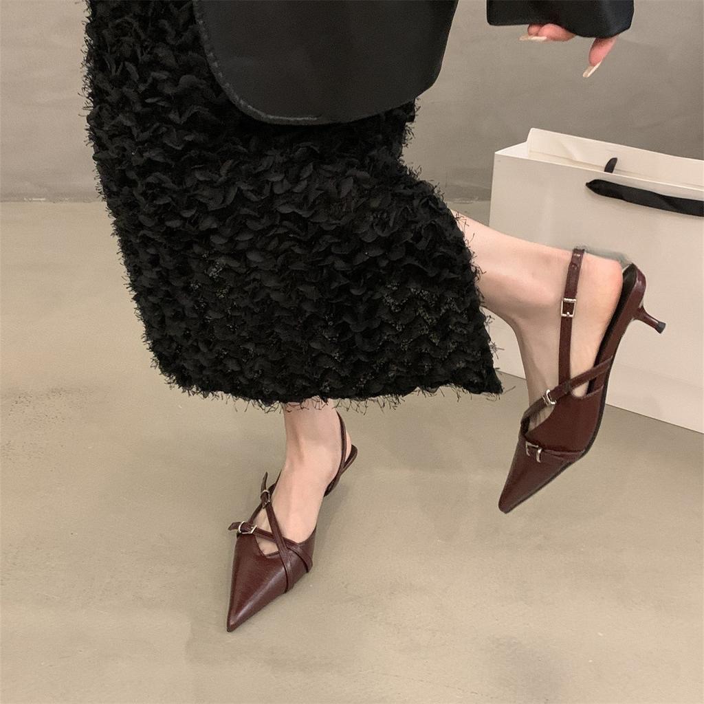 High-heeled Bag Head Sandals Back Empty Shallow Mouth Women's Shoes Stiletto with Skirt Retro Pointed Single Shoes
