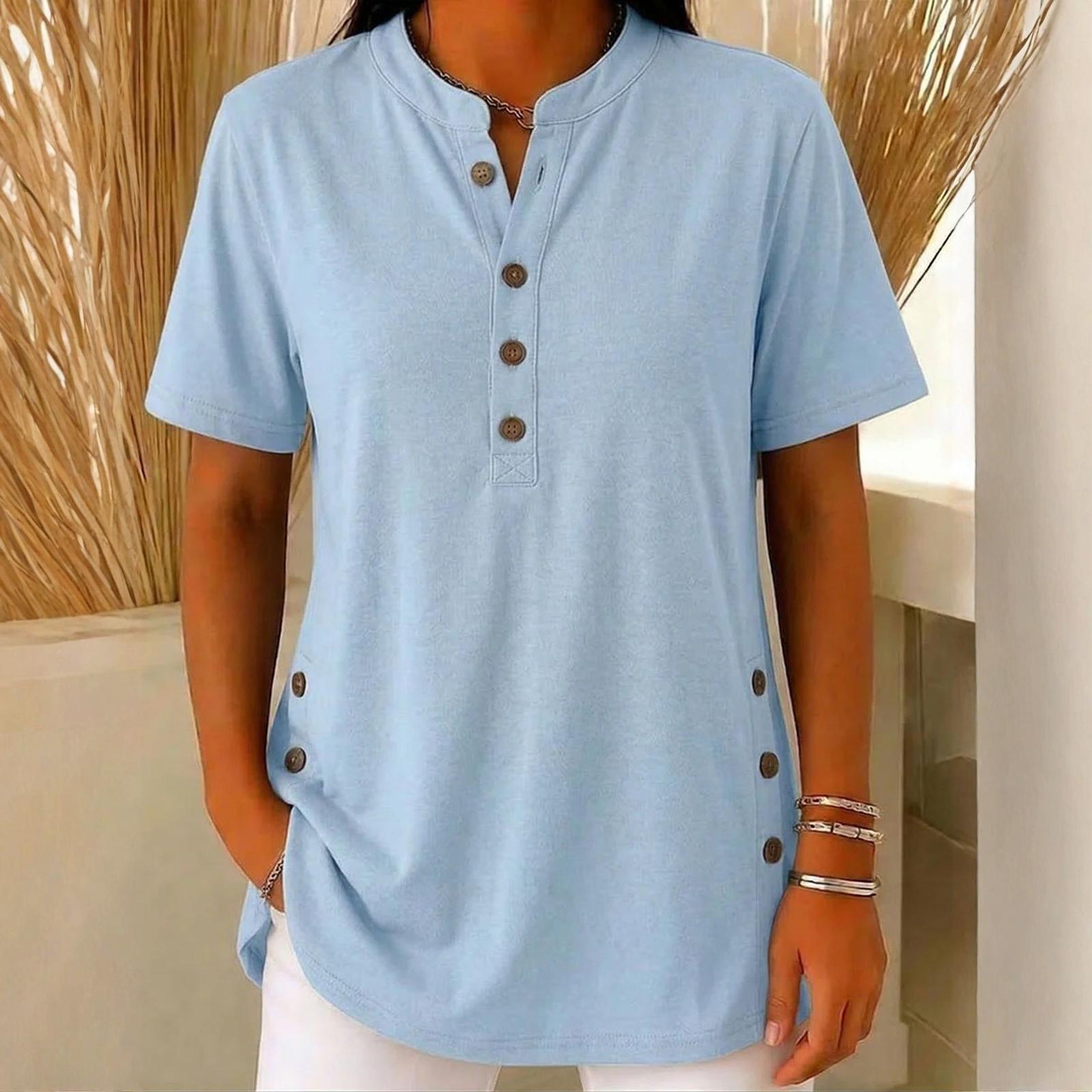 Women s Loose Casual V-Neck Button-Up Short-Sleeve T-Shirt XXXL
