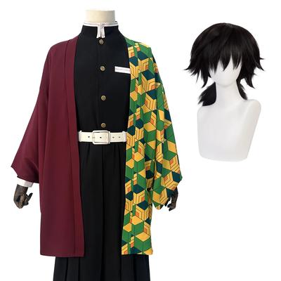 Tomioka Giyuu Kostium Cosplay Peruka Haori Haftowany Top Elastyczne Spodnie Pasek Różowa Siatka Cos Halloween Boże Narodzenie