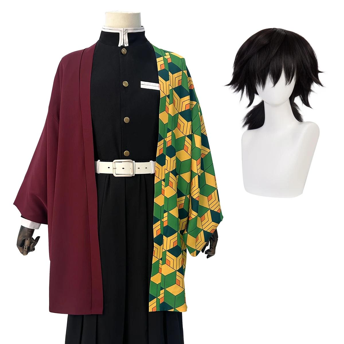 Tomioka Giyuu Cosplay Kostuum Pruik Haori Borduurwerk Top Elastische Broek Riem Roze Net Cos Halloween Kerst 130 black