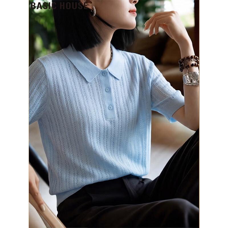 Basic House Women s Ice Silk Polo Knit T-Shirt M