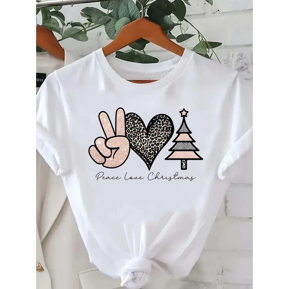 Printed Fashion New Year Women's T-shirt Top Merry Christmas Clothing Coffee Love Cute Holiday Pattern Round Neck Short Sleeve