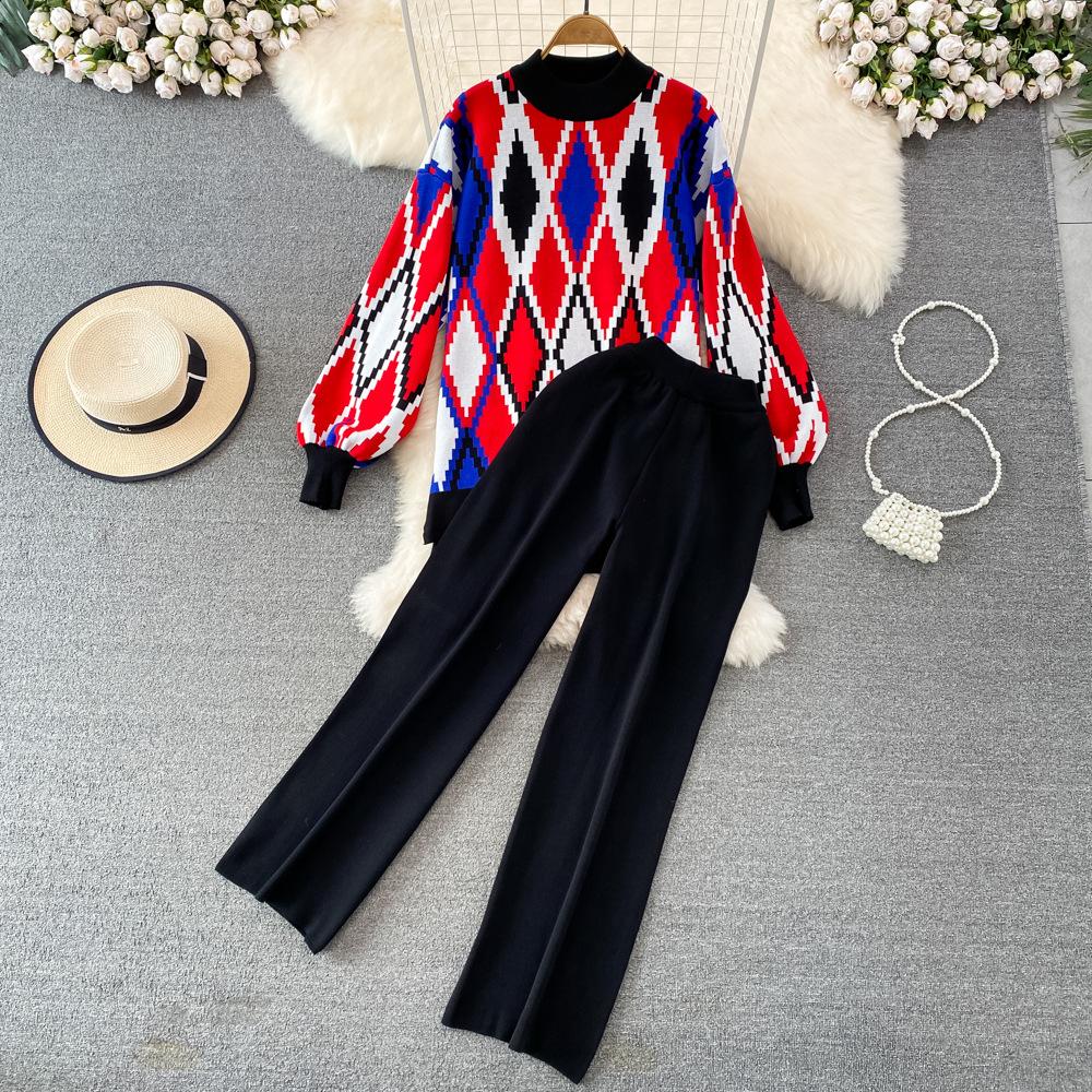 Conjunto de Moda para Mujer Otoño Invierno Suéter Holgado de Manga Larga a Cuadros Conjunto de Dos Piezas Pantalones de Punto Rectos de Pierna Ancha Adelgazantes de Cintura Alta