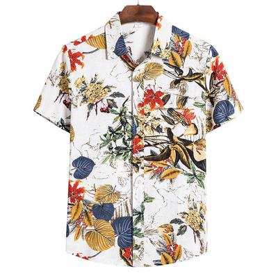 Lapel Spring Summer Soft Men Ethnic Cotton Linen Fashion Printed Shirt Unisex Casual Printing Short Sleeve Hawaiian Shirt Blouse Breathable
