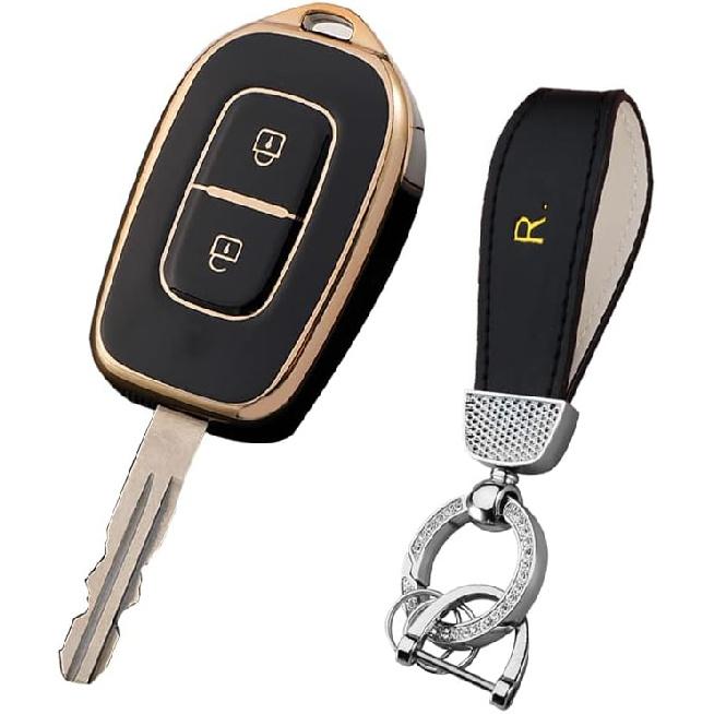 HIBEYO Soft TPU Key Fob Cover with Keychains for Renault Duster Kwid Dacia Sandero Master Megane Logan Key Case Shell 2 Buttons-Black