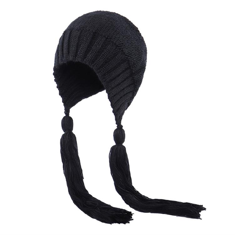 Solid Color Long Twist Braid Beanie Hat Ear Flaps Knitted Hat for Outdoor Sport