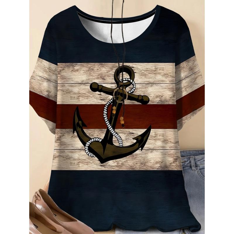 Women s Plus Size Casual Elegant Resort Style 3D Print Anchor & Nautical Stripe T-shirt S