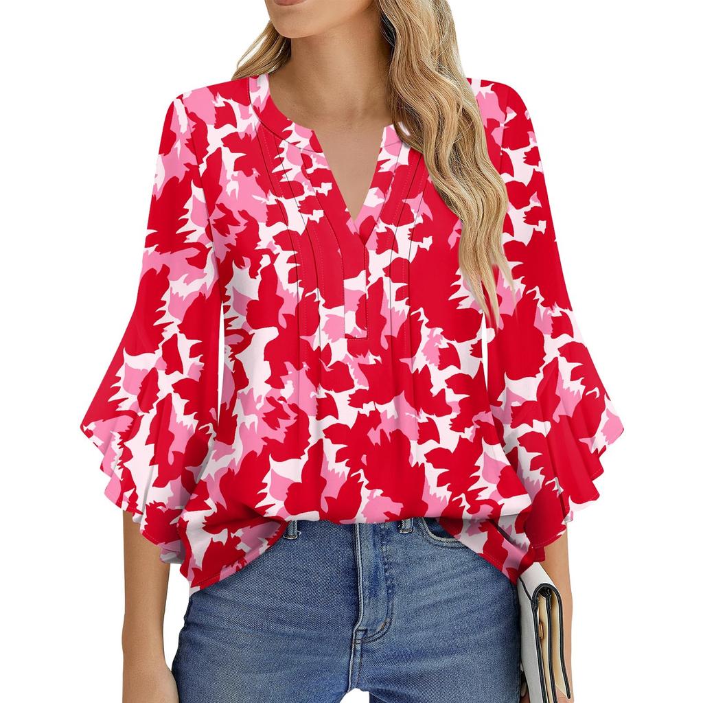 Dámská móda Ležérní plisované tričko s výstřihem do V, jednobarevné, tříčtvrteční rukáv, elegantní top