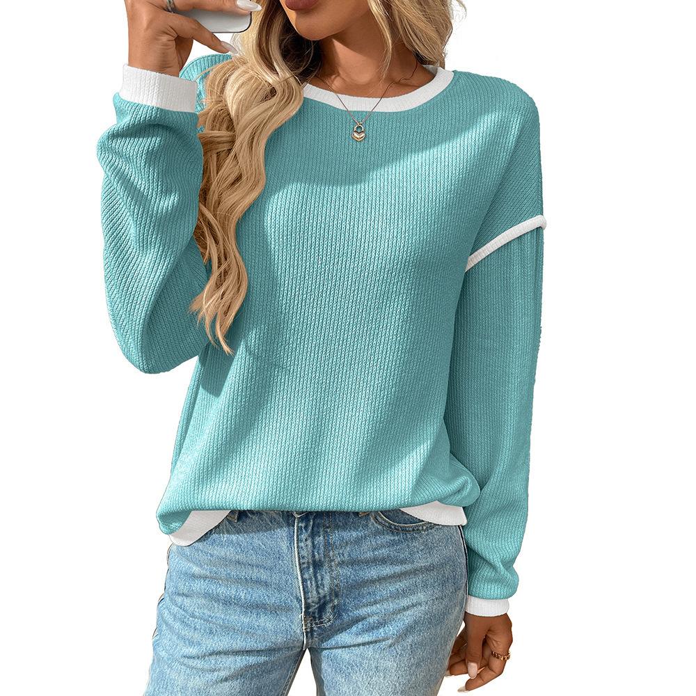 Women's Crew Neck Long Sleeve Top Loose Fit Streetwear Casual Sweater Color Block Patchwork Pullover Fall Knit Waffle Shirt