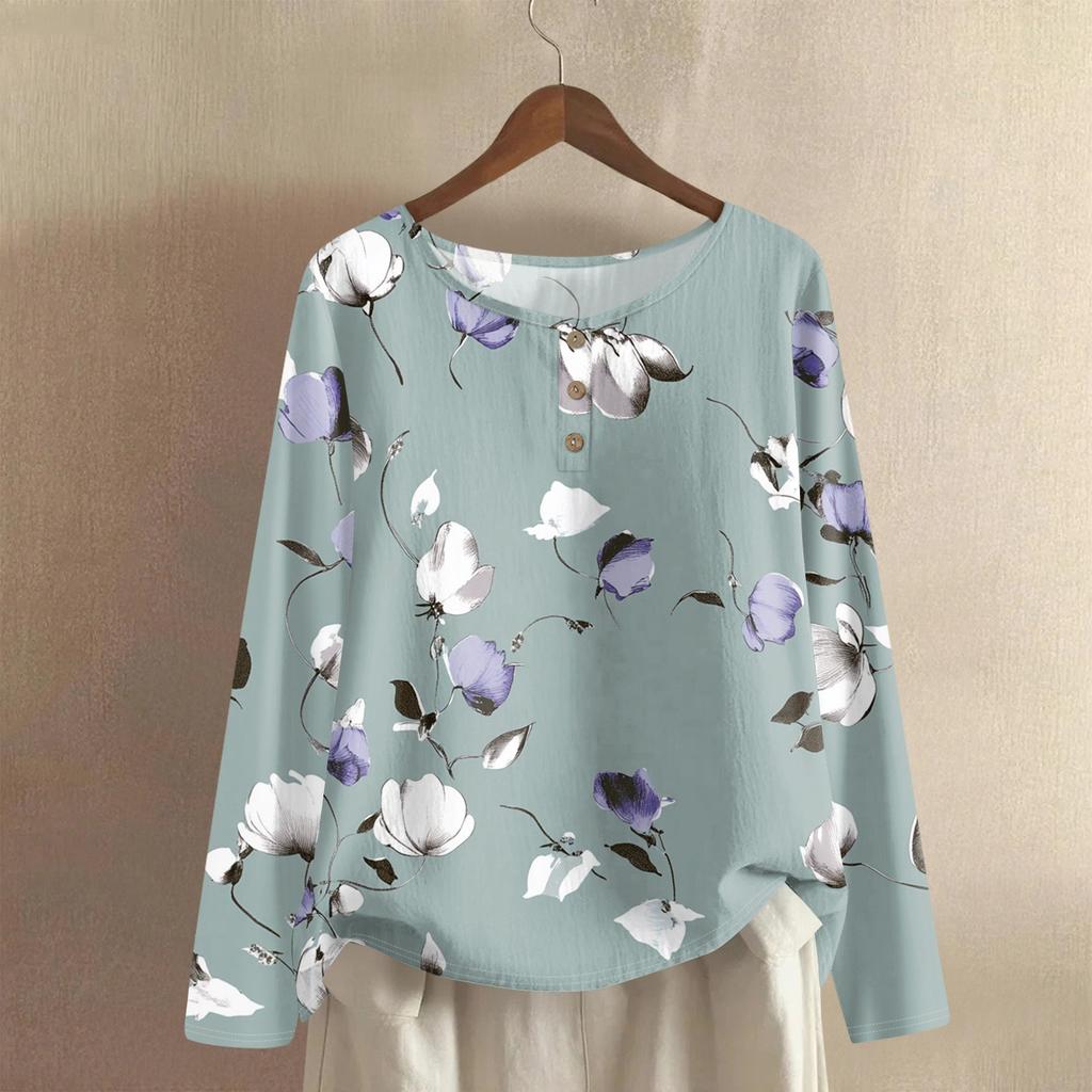 Women's Fashionable And Casual Shirt Long Sleeve Round Neck Solid-color Cotton And Linen Blouse Top