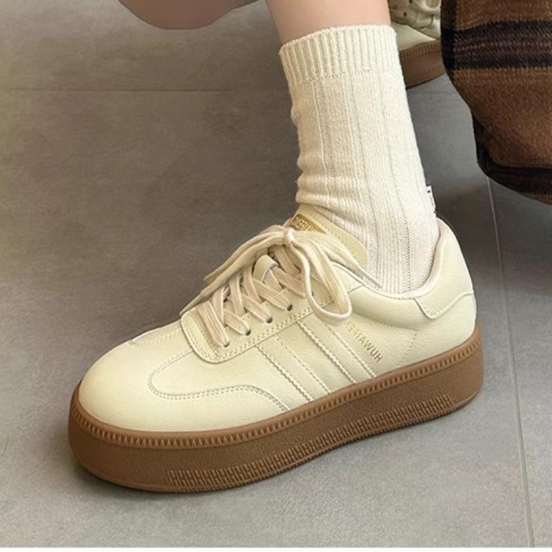 Genuine Leather Training Shoes for Women's Spring Thick Sole Elevated Board Shoes, Casual Sports Little White Shoes