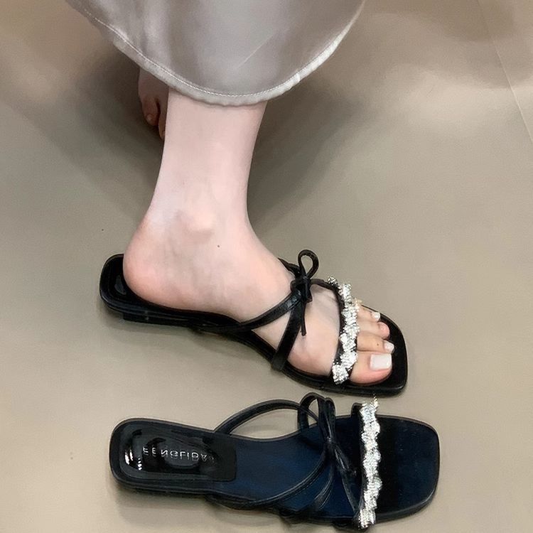 Thin Ribbon Rhinestone Bow Cool Slippers Women's Outer Wear 2025 New Fairy Style High-end Skirt Slippers Sandals