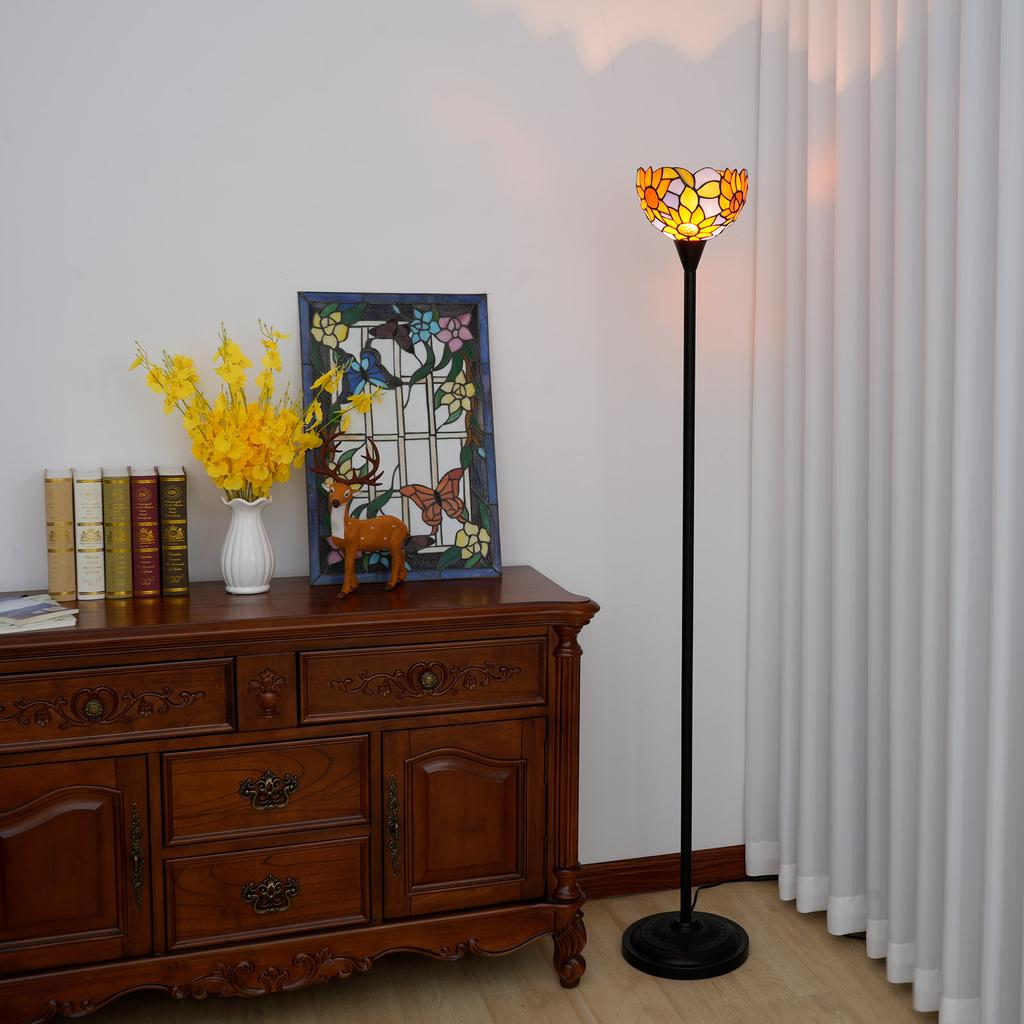 Stained Glass Torchiere Floor Lamp Industrial Style Standing Corner Light Antique Handcrafted Pole Floor Reading Uplight Lamp