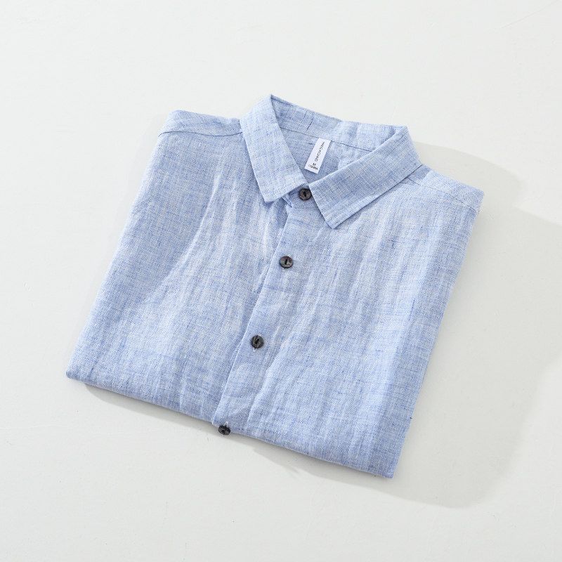 Foreign Trade Surplus Pure Linen Short-Sleeve Shirt for Men, Summer Loose Breathable Solid Color High-End Shirt, Vintage Square Collar Top