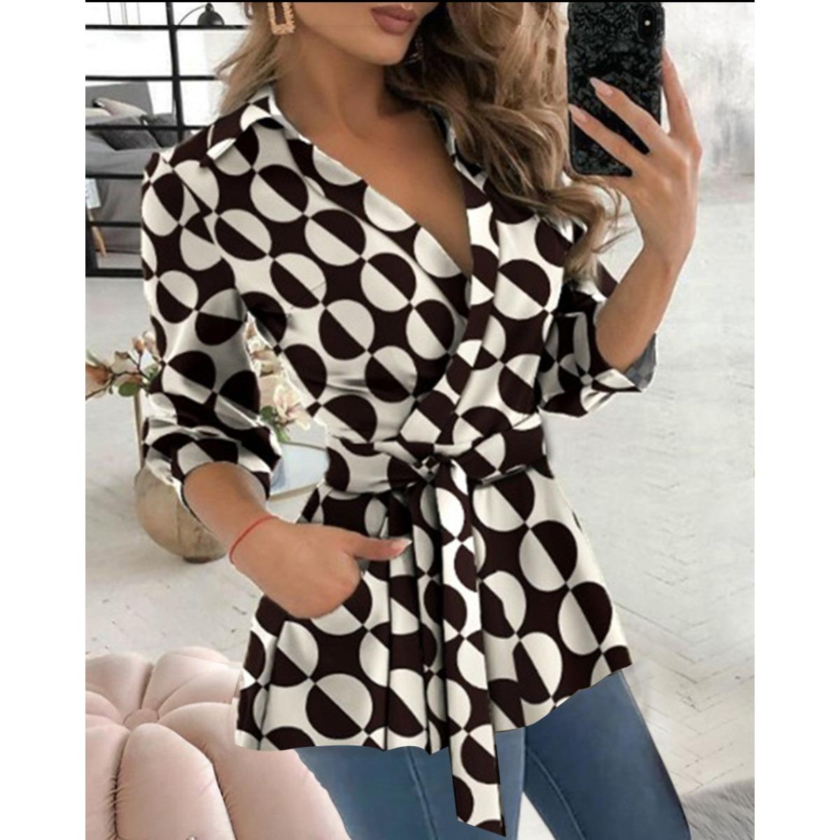 

2025 Autumn New Women s V-neck Belted Shirt with Print Long Sleeve XXL