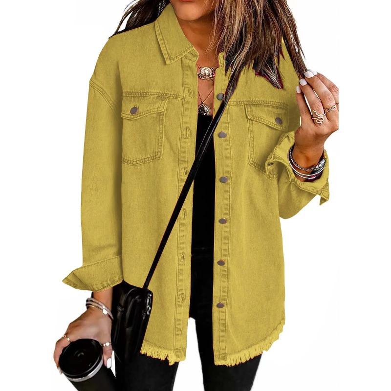 Washed Denim Jacket Women Autumn Tassel Lapel Jeans Female Casual Loose Long Sleeve Single Breasted Outerwear Shirts Coat