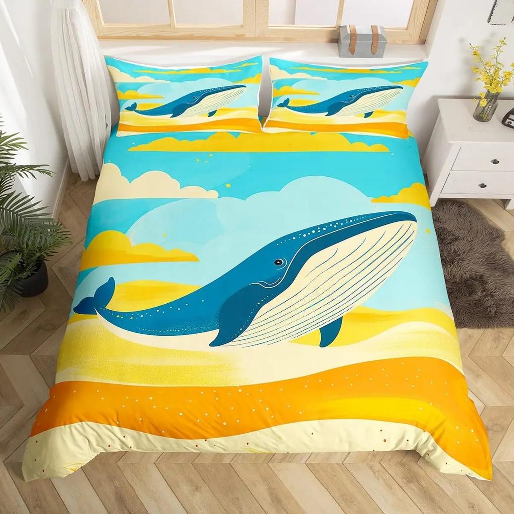 Blauer Bettbezug mit Meereswalen, King-Size-Bett, Cartoon-Meerestiere, Kinderbettwäsche-Set, Küstenstrand, Bettbezug, Meereswellen, Bettbezug