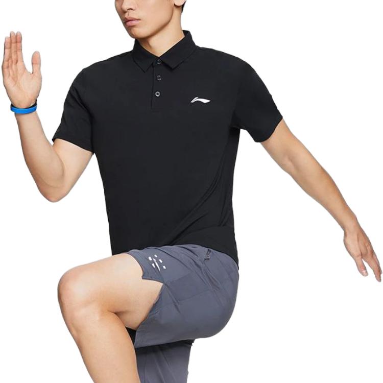 Li Ning Fitness Series Polo Shirts Men's Black Polo Collar Moderate Straight Fit APLT127-1