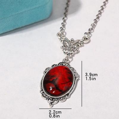 Gotický krvavočervený kremeň náhrdelník s oválnym príveskom náhrdelník pre ženy Halloween Vampire Embossed Witch Jewelry Vintage Chokers