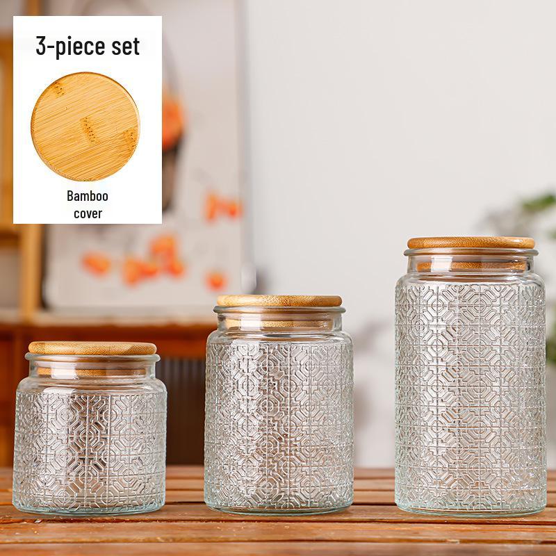 Retro Carved Storage Jar with Acacia Wood Lid for Grains, Dried Fruits, and Snacks