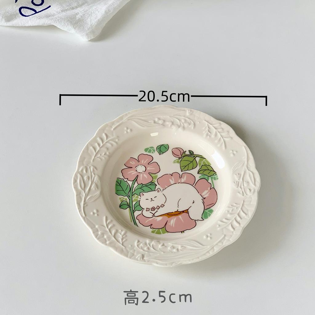 Japanese Cute Cartoon Cat Ceramic Relief Plate Dessert Cake Noodle Plate Household Dish Plate Western