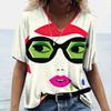 Ladies' V-neck T-shirt 3D Digital Printing Art Abstract Face Fashion Casual Trend Printed Short Sleeved Shirt