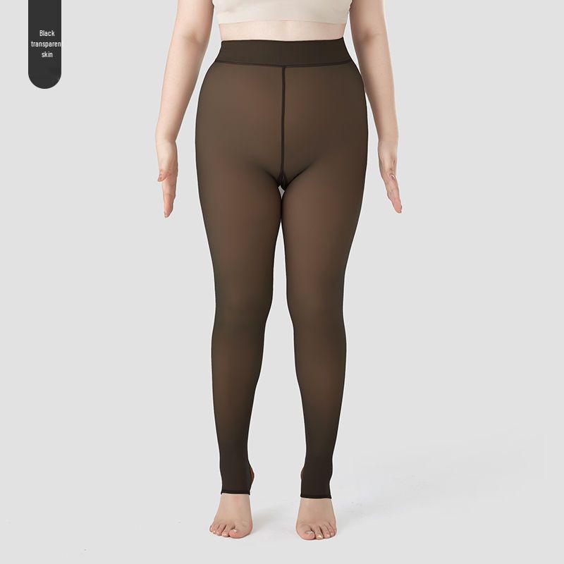 Plus Size Grey Sheer Seamless Leggings: Nude-Look Flight Attendant Style Stockings for Women, Spring & Autumn.