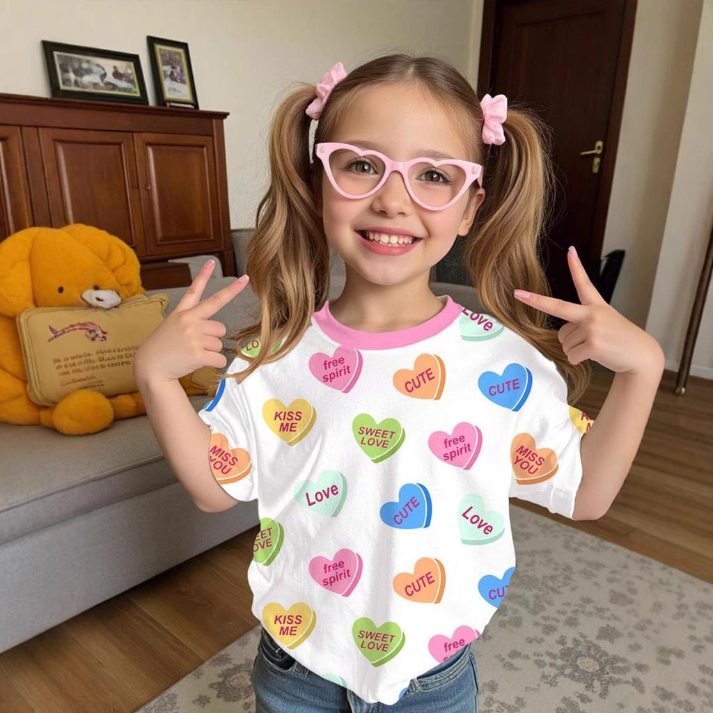 Kids T-shirt 3d Print Summer Round Neck Short Sleeved T-shirt for Girls, Love Christmas Printed Top T-shirt