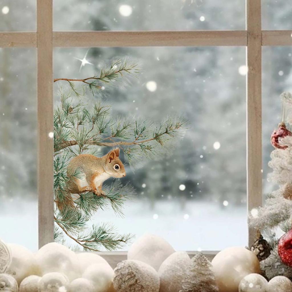 Fresh Breeze Pine Branches Squirrel Window Sticker with Natural Elements Self-adhesive Paper