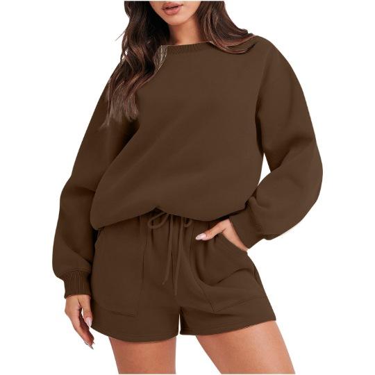 Women's Fashion Sportswear Casual Long-Sleeved Pullover Sweatshirt Drawstring Shorts Set