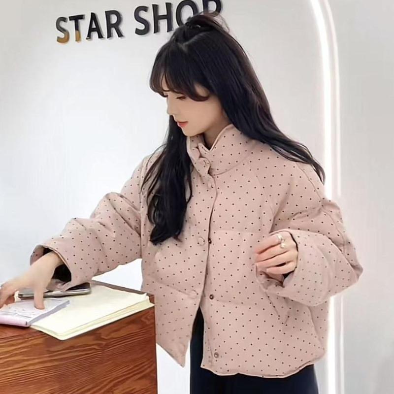 Nischen-Polka-Dot-Daunen-Baumwolljacke für Damen, kurz, Winter, neu, vielseitig, süß, kleine Baumwolljacke