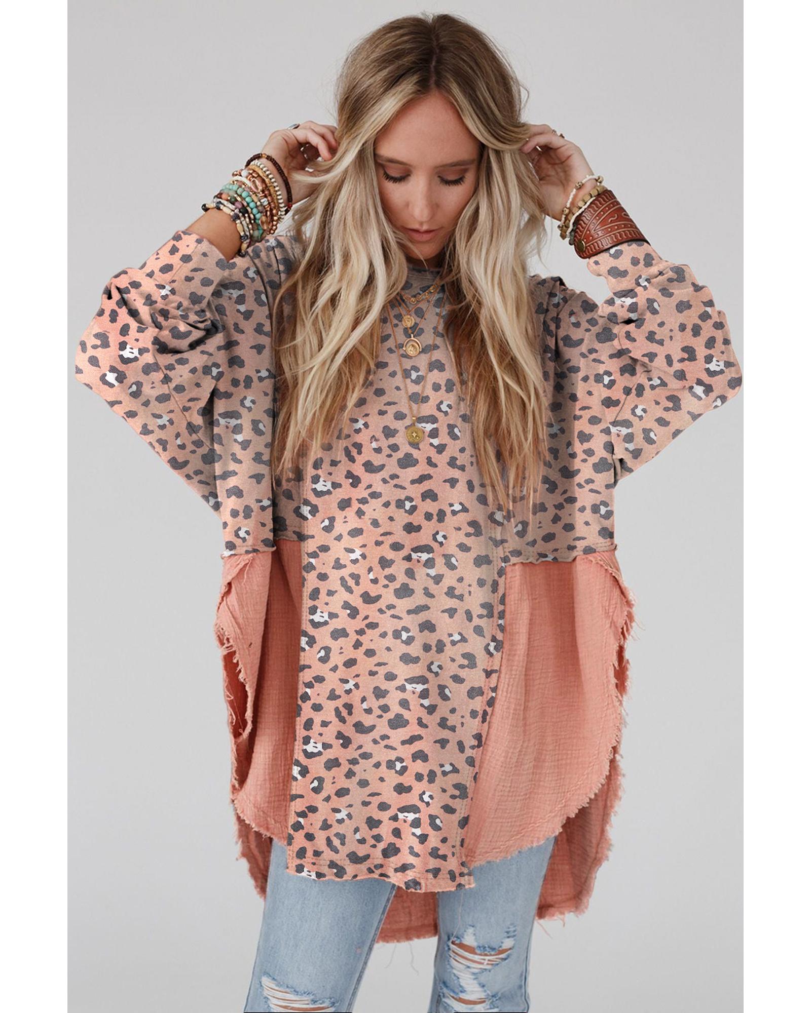 

Azura Exchange Pink Raw Edge Leopard Patchwork Oversized Blouse M розовый