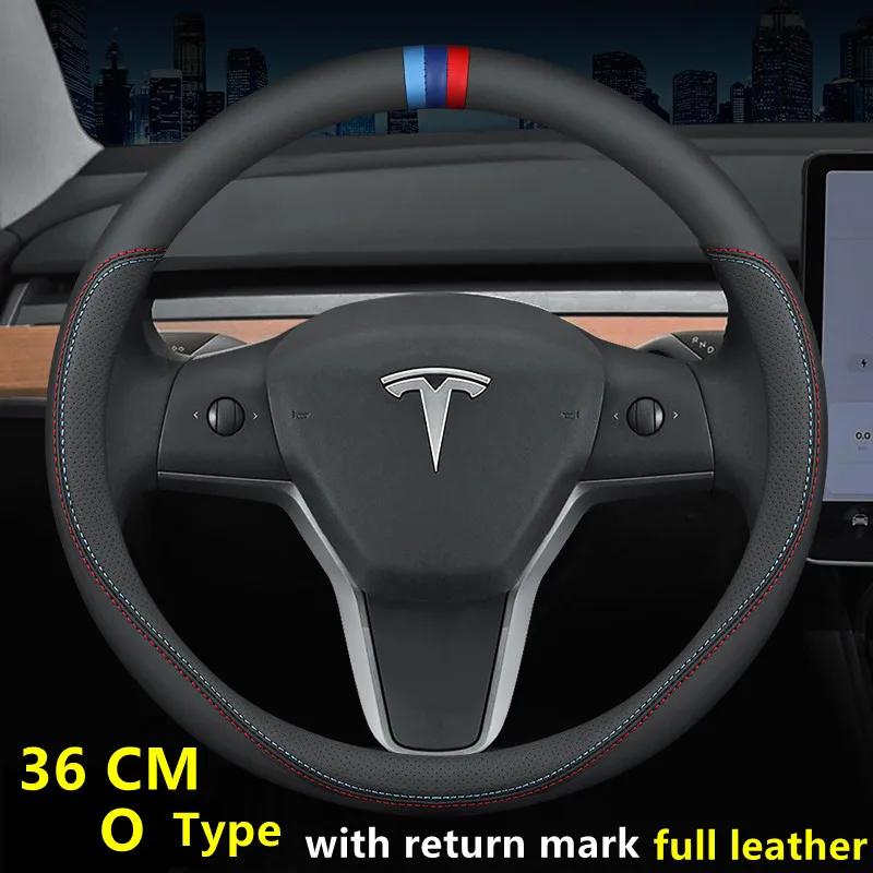 Nappa Leather Car Steering Wheel Cover For Tesla Model 3 Y S X 2019 - 2025 4 Seasons 36-38 CM Black Auto Interior Accessories
